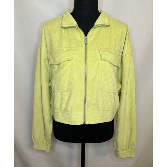 AERIE Ribbed Velour Zip Up Long Sleeve Lime Green Crop Sweater LARGE NWT - Picture 1 of 11